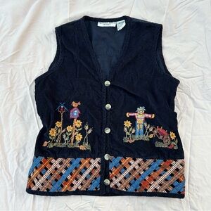Vintage Victoria Jones Navy Embroidered Corduroy Vest, Fall Autumn Cottagecore
